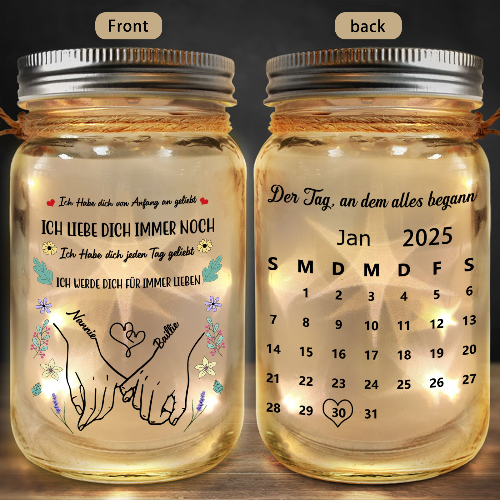 Personalisiertes LED-Einmachglas: Kalender & Liebe