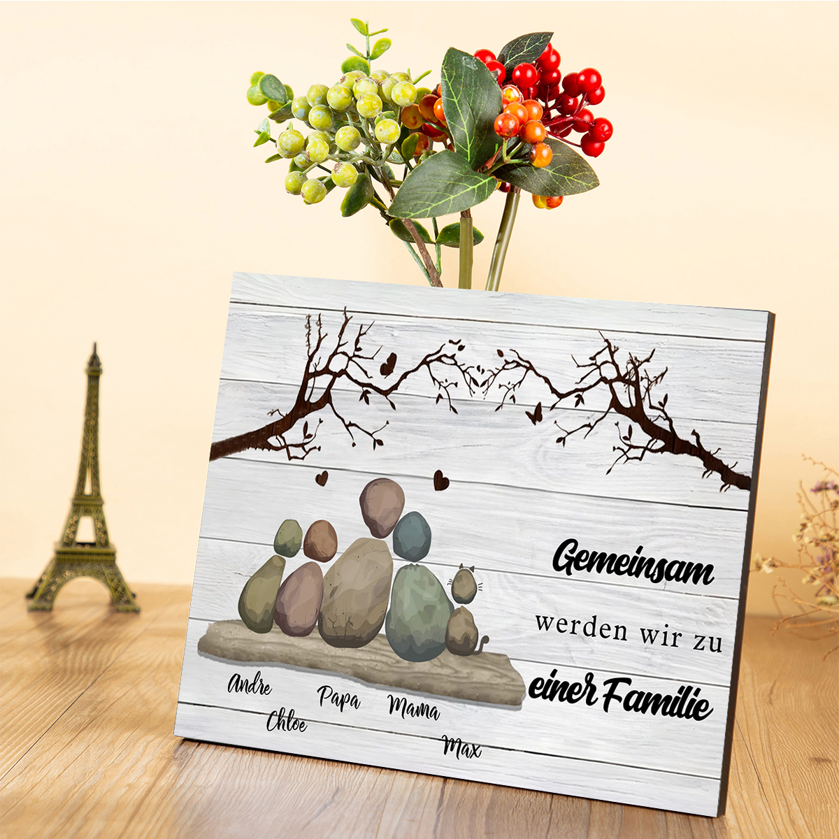Kunstdruck „Pebble Family“ im Holzrahmen – Personalisierte Namensstein-Deko
