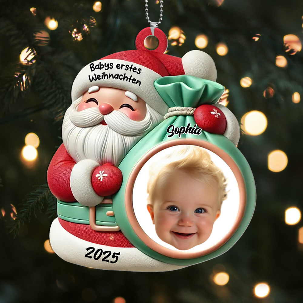 Personalisiertes Weihnachtsmann-Ornament mit Name, Jahr und Foto – Geschenk zu Babys erstem Weihnachten