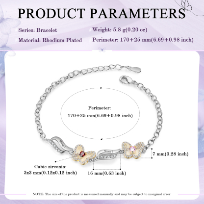 Personalisierte 2 Namen & 2 Geburtssteine Schmetterling Armband mit Zirkonia