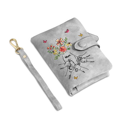 Personalisierte PU-Leder-Geldbörse mit Blumen und Hand-in-Hand-Motiv sowie 2–6 Namen – liebevolles Geschenk für Mama