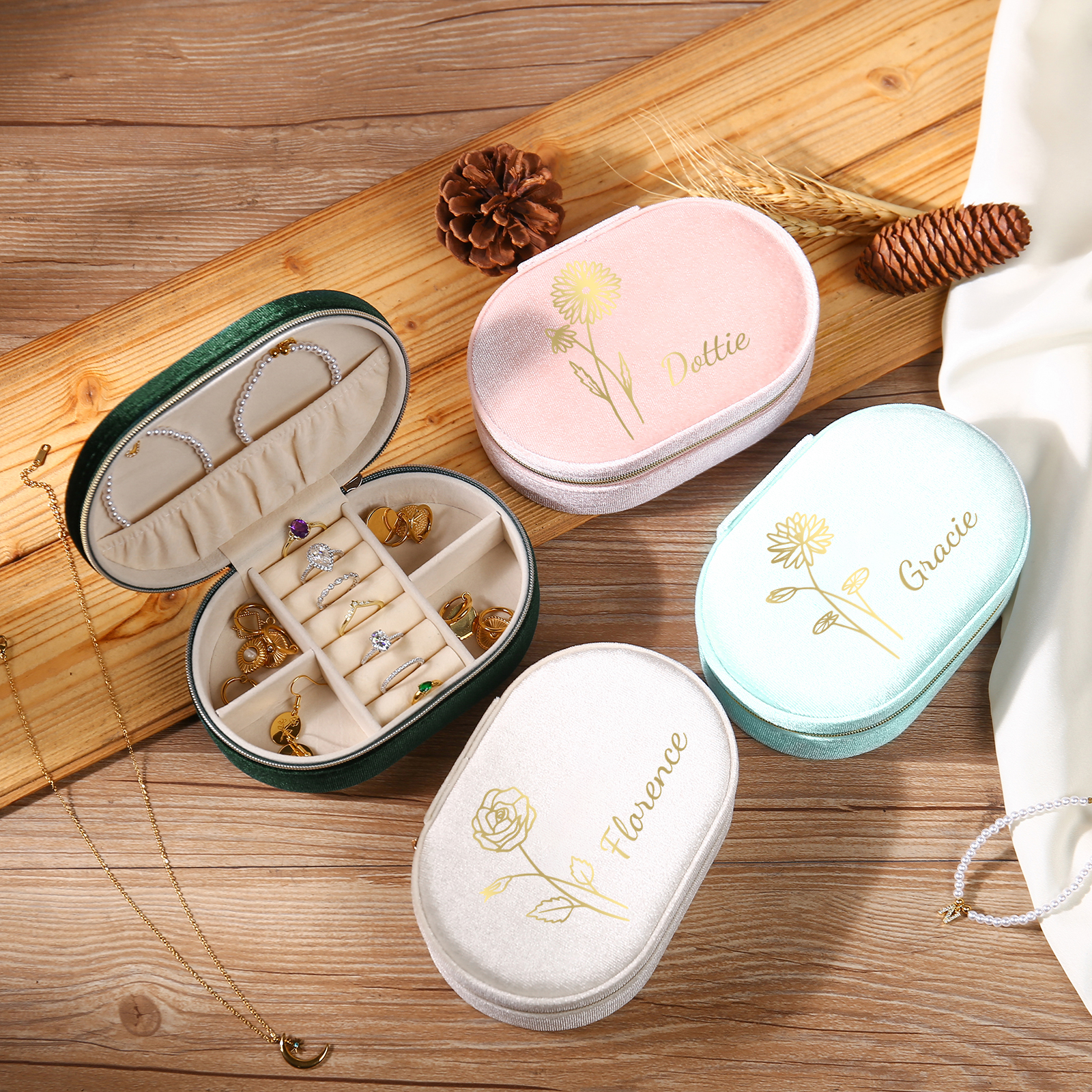 Personalisierbarer Name & Geburtsblume Velvet Schmuckaufbewahrung Schmuckzubehör Aufbewahrungsbox für Schmuck