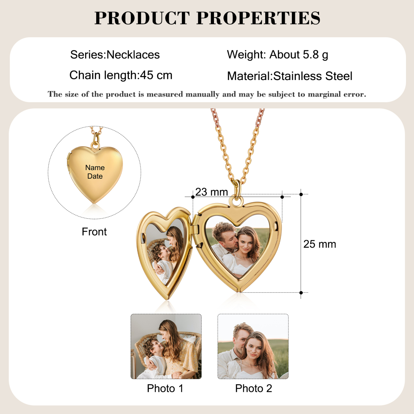 Personalisierte 2 Fotos & Name & Datum Herz Halskette Erinnerungen, die unser Herz berühren, gehen niemals verloren - Geschenk mit Nachrichtenkarte