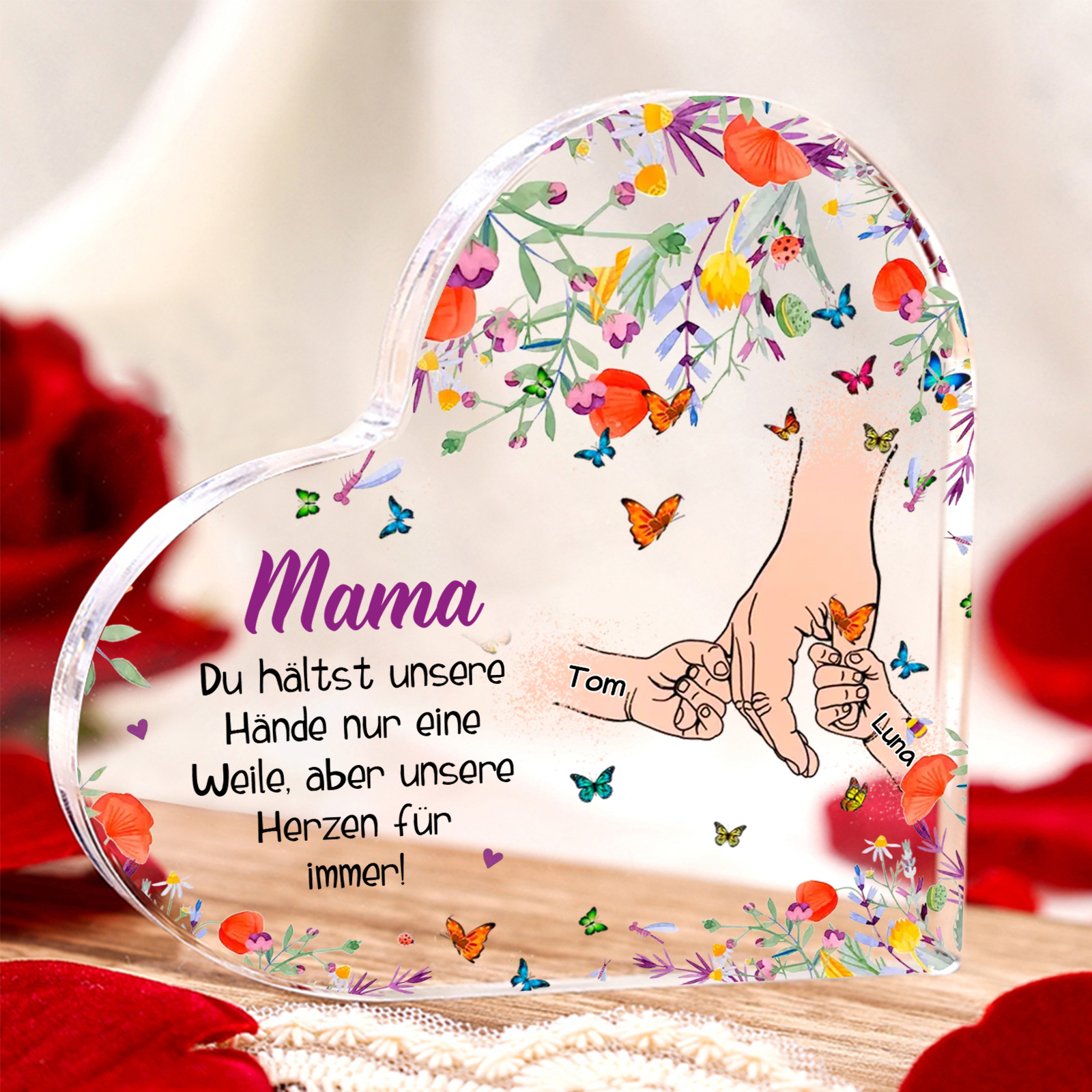 Personalisierte 2 Namen Herz Acryl-Deko Teddybär & Herzballon -Mama Du hältst mein Hand nur eine Weile, aber unsere Herzen für immer- Schreibtischdekoration für Mutter