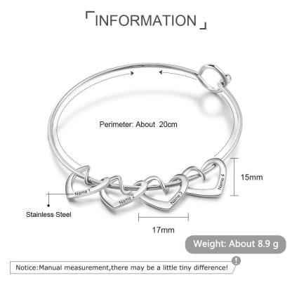 Gravur 4 Namen Herz Armband Armreif mit Herzanhängern