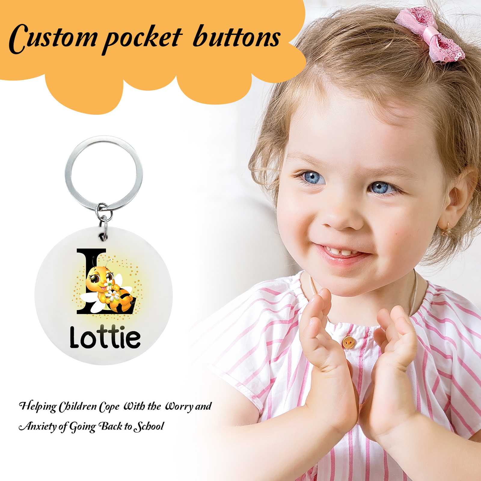 Personalisierter 1 Name & Buchstabe Biene Schulanfang Schlüsselanhänger für Schulkind aus Edelstahl+Holz+Acryl 