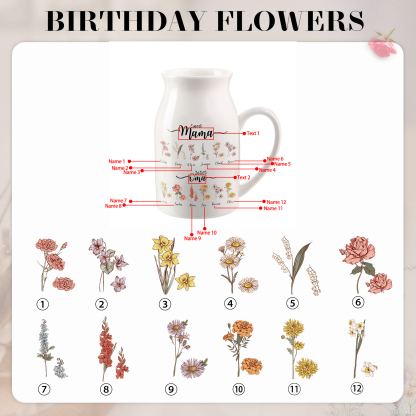 Personalisierte Vase mit Henkel, Geburtsblumen und 2–12 Namen „Zuerst Mama, jetzt Oma“ Geschenk für Mama oder Oma