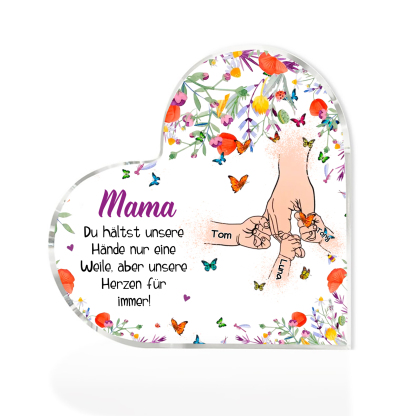 Personalisierte 3 Namen Herz Acryl-Deko -Mama Du hältst mein Hand nur eine Weile, aber unsere Herzen für immer- Schreibtischdekoration für Mutter