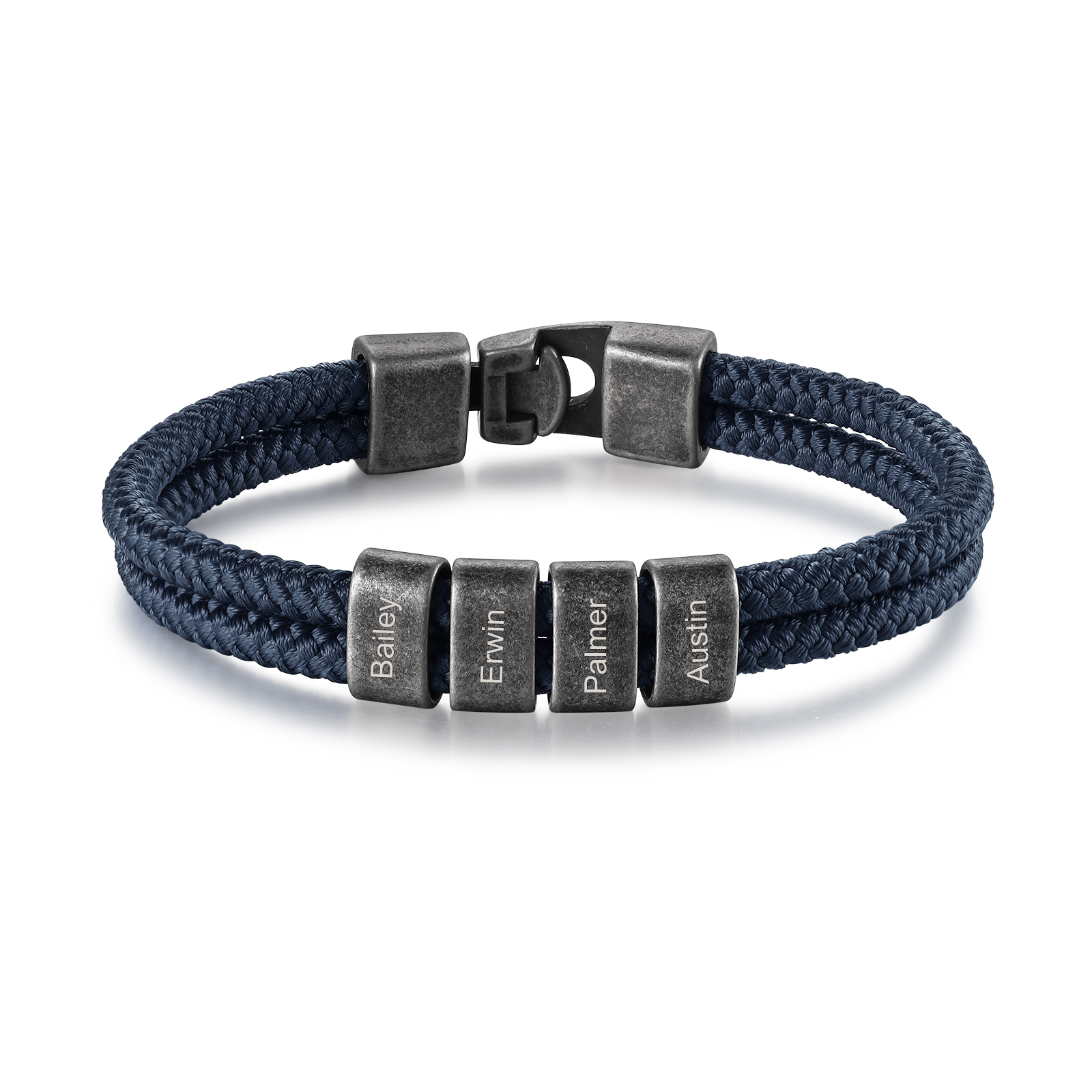 Herren Schmuck-Personalisierte 4 Namen Vintage Edelstahl Perlen Armband mit Tintenblaue Nylon Kette