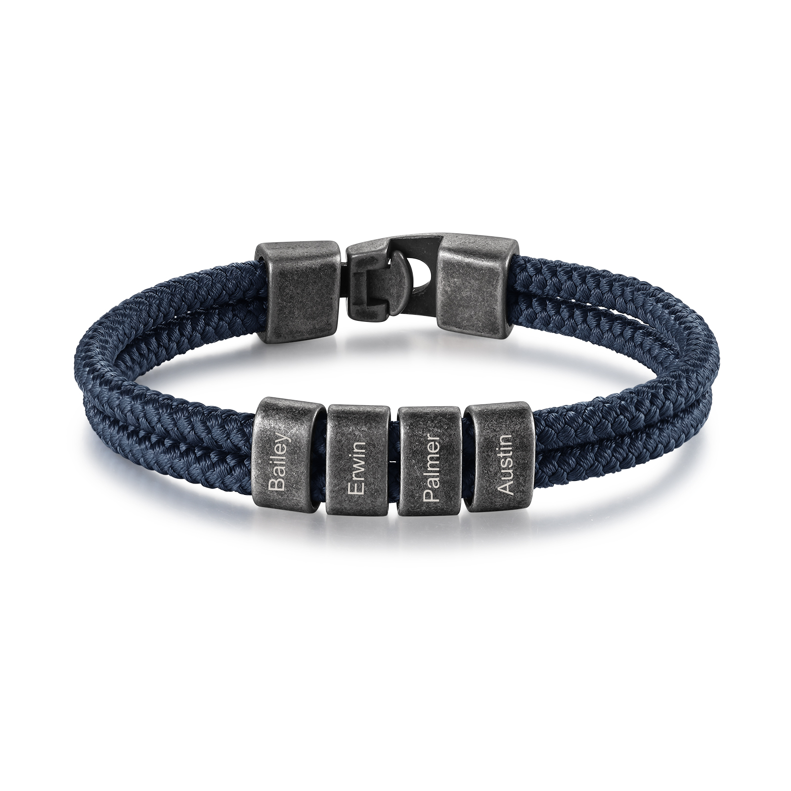 Herren Schmuck-Personalisierte 4 Namen Vintage Edelstahl Perlen Armband mit Tintenblaue Nylon Kette