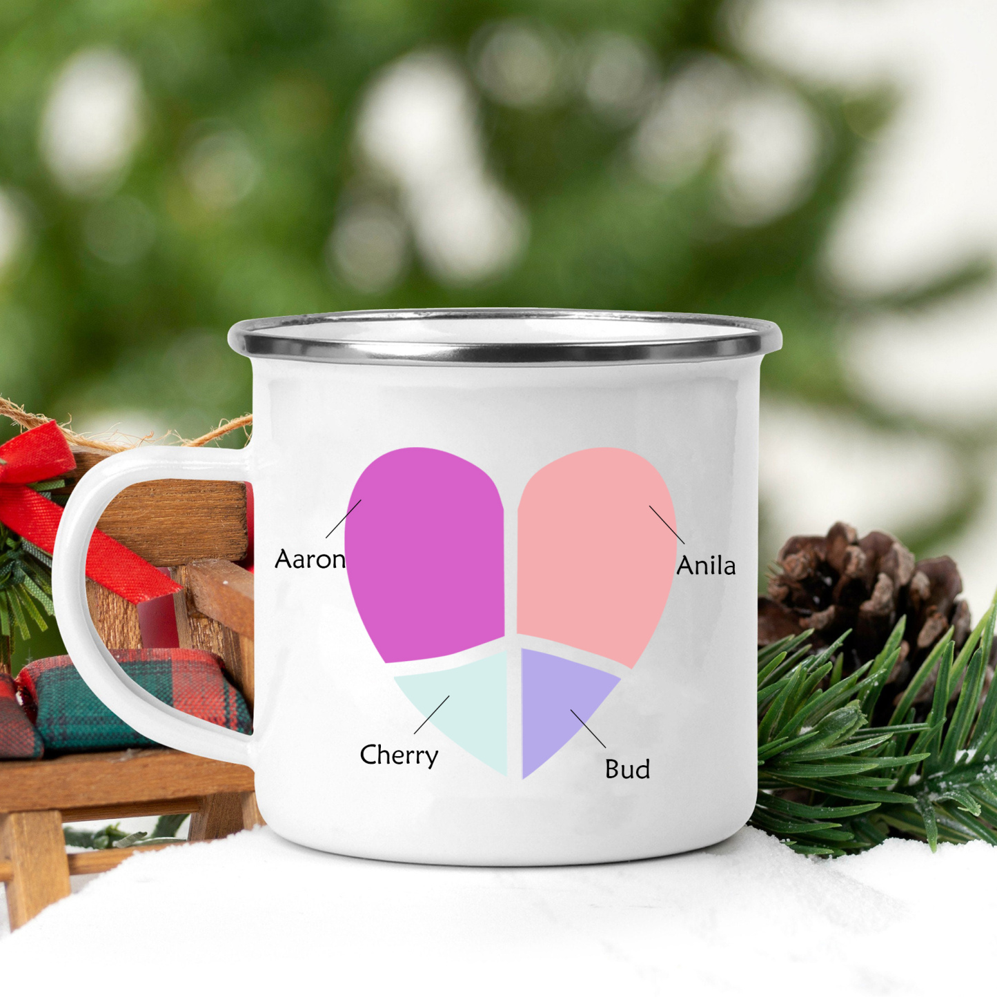 Emaille Tasse-Personalisierte 4 Namen Herz Emaille Becher