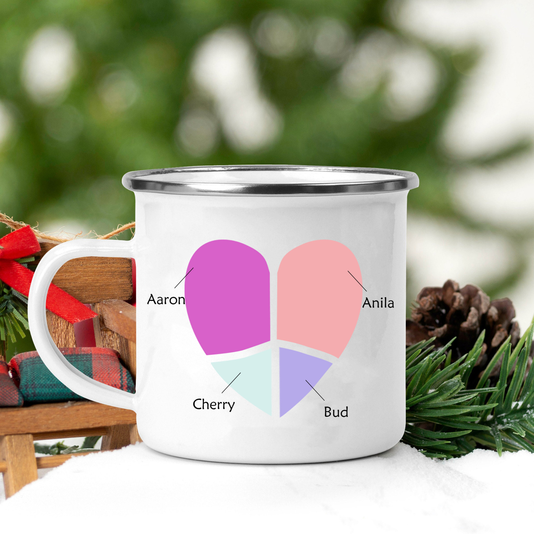 Emaille Tasse-Personalisierte 4 Namen Herz Emaille Becher