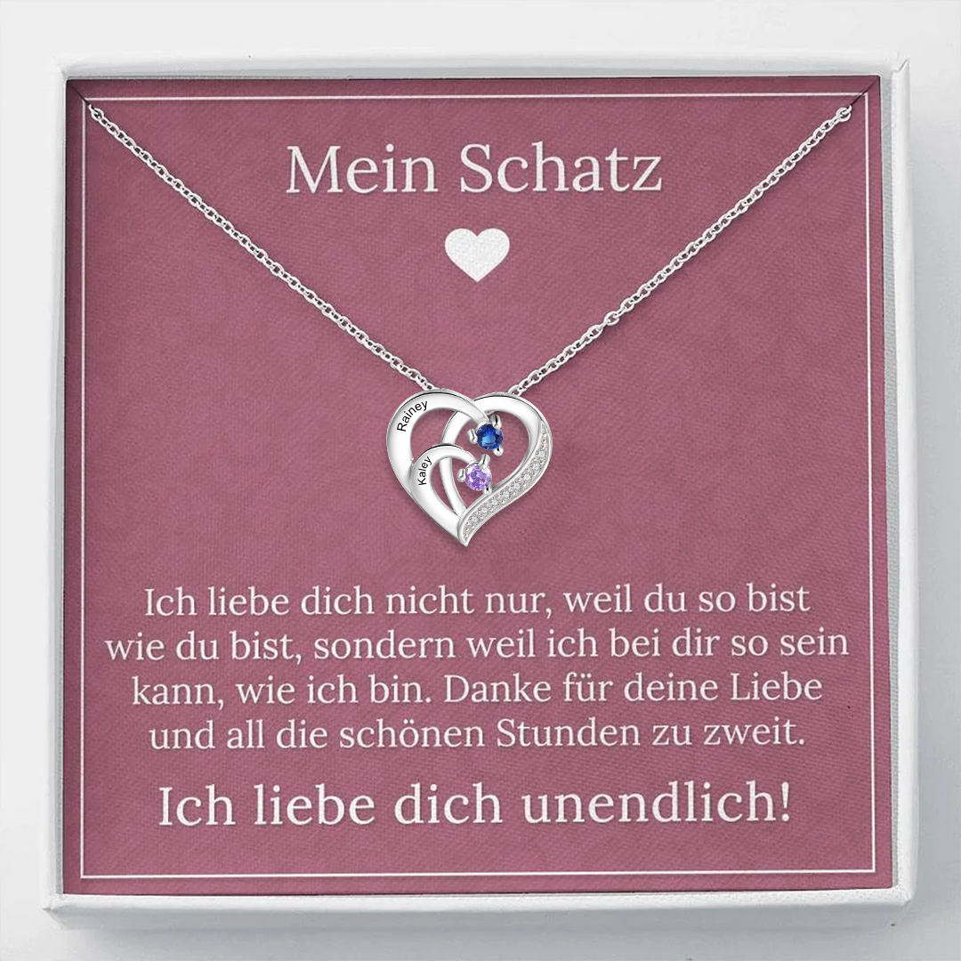 925 Sterling Silber Personalisierte 2 Namen Herz Halskette  mit 2 Geburtssteinen- An Meinen Schatz-Geschenk mit Rosa Nachrichtenkarte 