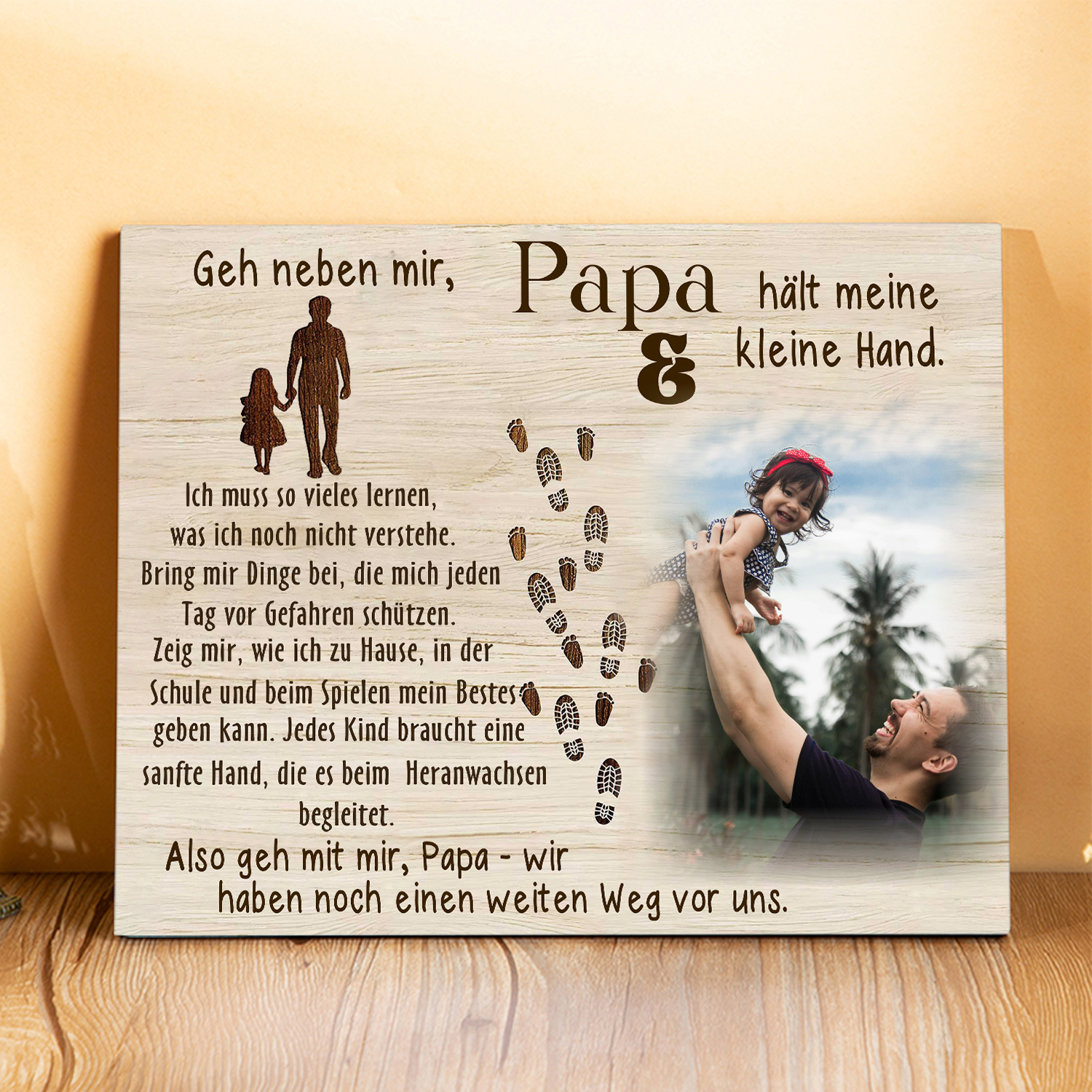 Vater Holzbild - Personalisiertes Foto Holzdekoration-Papa Geh neben mir & hält meine kleine Hand.