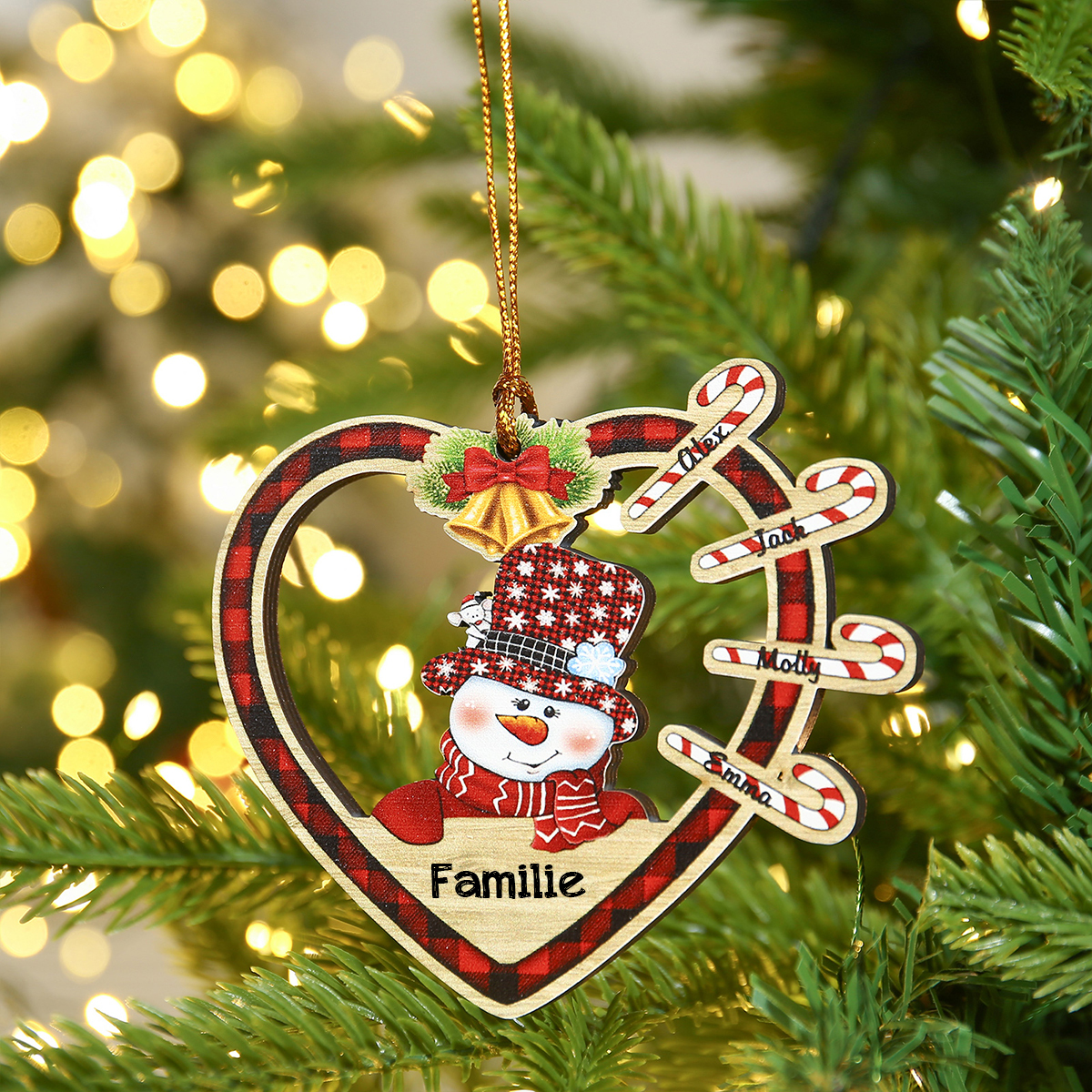 Holz Personalisierte 4 Namen & Text Schneemann Herz Weihnachtsornament mit 4 Zuckerstange