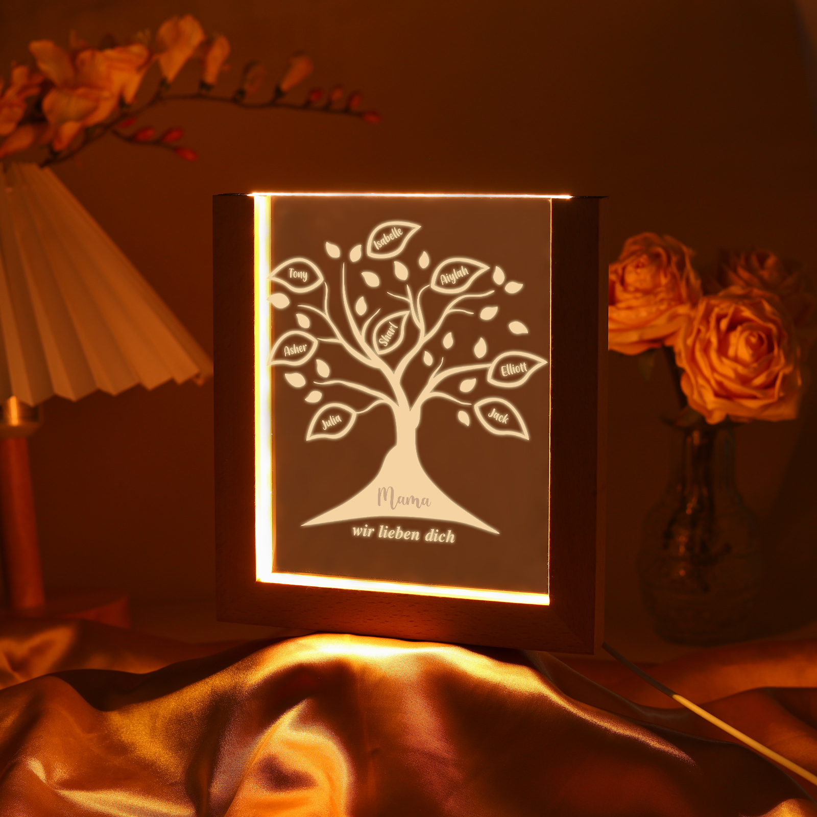 Personalisierte 8 Namen & Text Familienbaum Acryl Rahmen Nachtlicht Geschenk für Großmutter/Mutter zum Muttertag