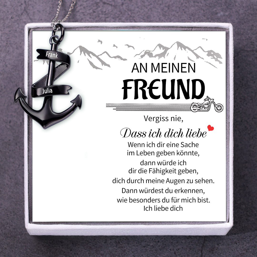 925 Sterling Silber Personalisierte 2 Namen Schwarz Anker Halskette-Geschenk mit Weiß Nachrichtenkarte