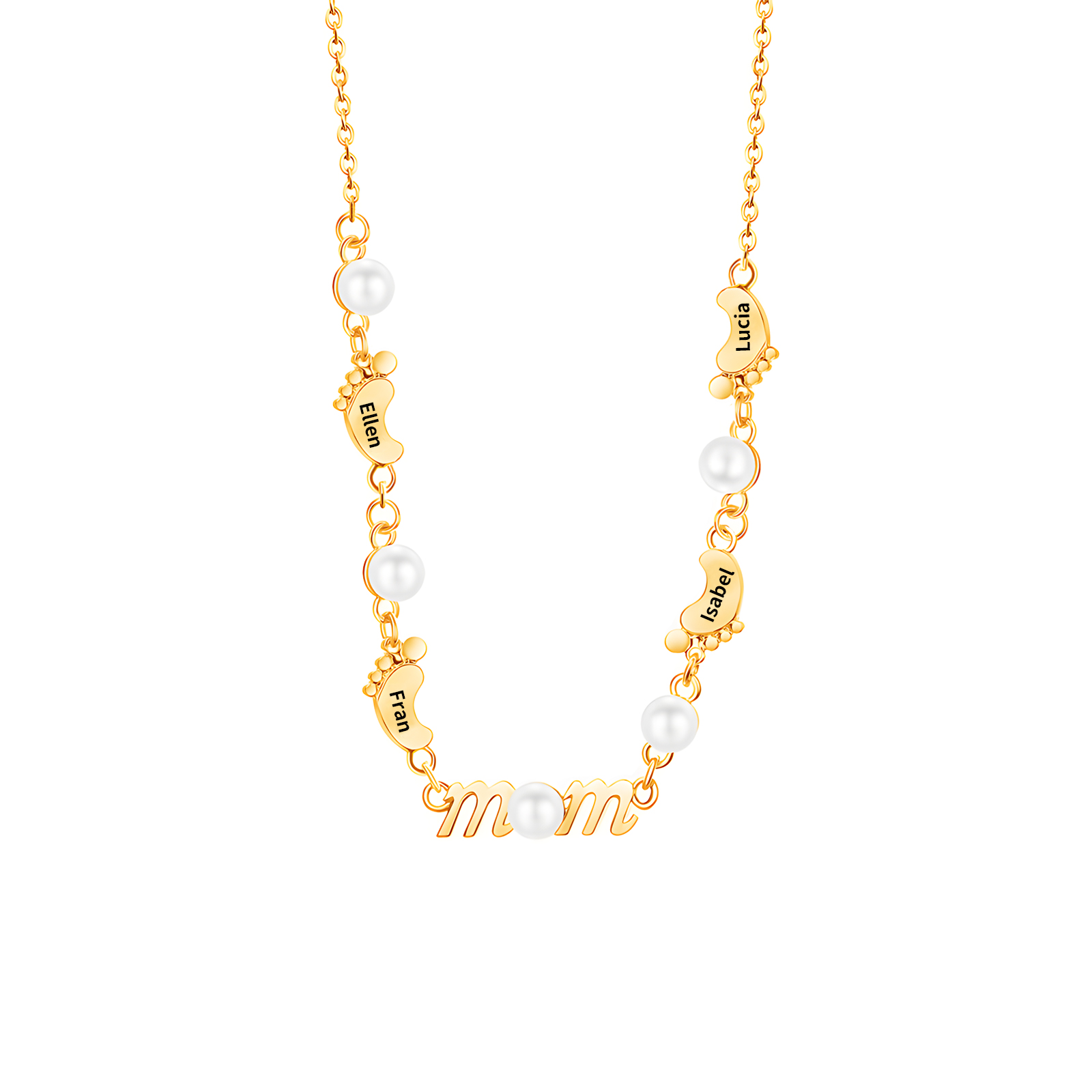 Personalisierte 4 Namen MOM Baby Fuß Halskette mit Perle