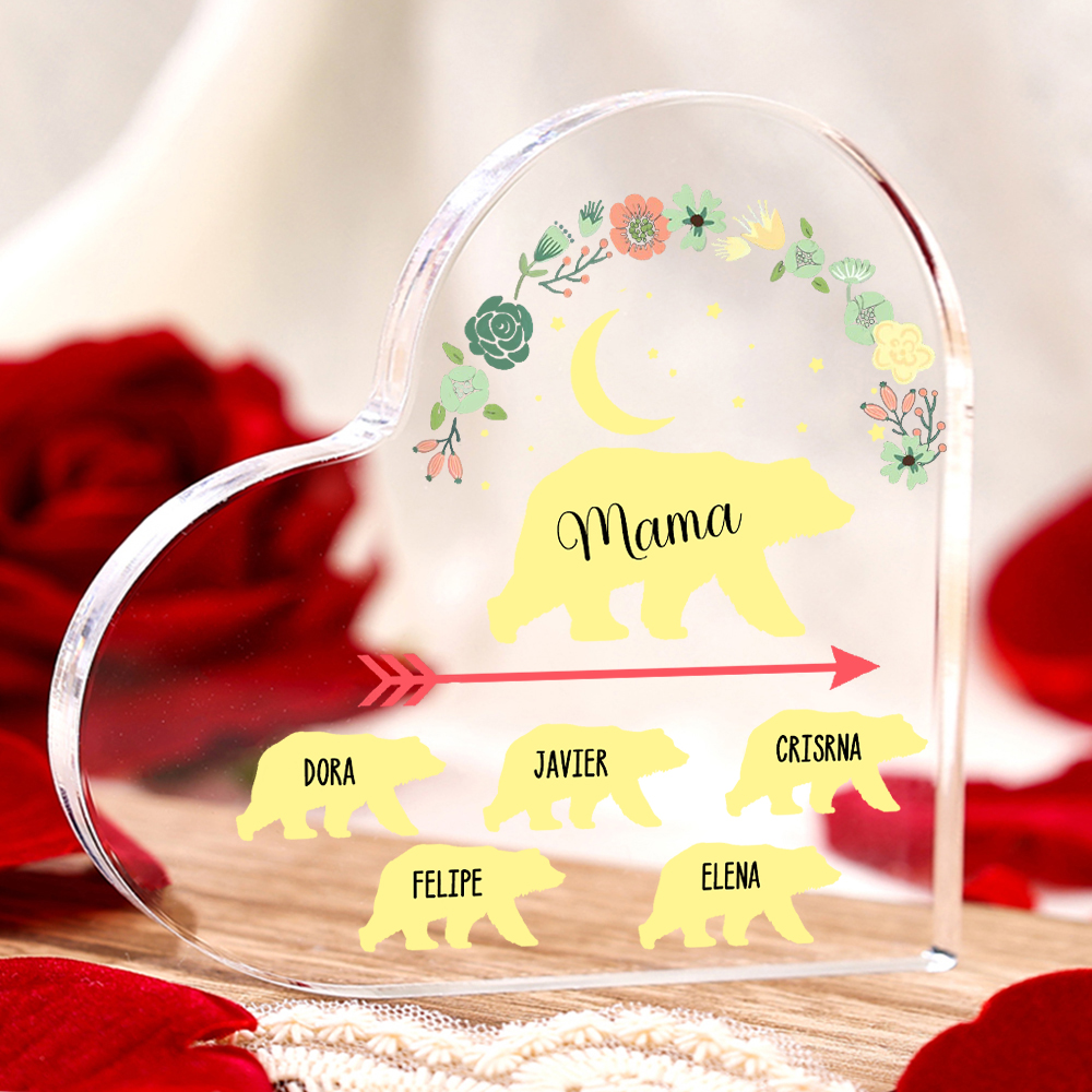 Personalisierte 5 Namen Herz Acryl-Deko Mama Bär Schreibtischdekoration für Mutter