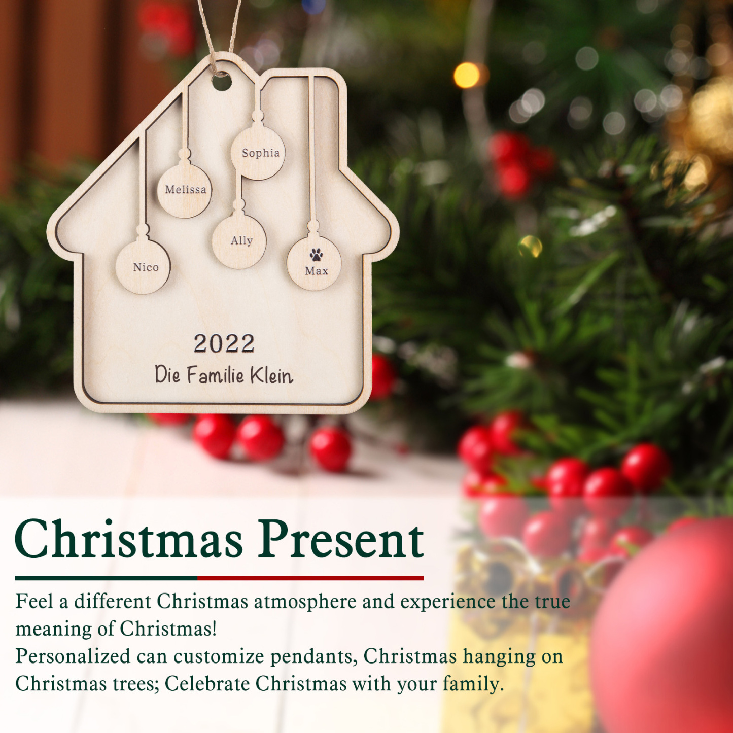 Holz Weihnachtsornament-Personalisiertes 5 Namen Text Jahr Haus Ornament Anhänger 