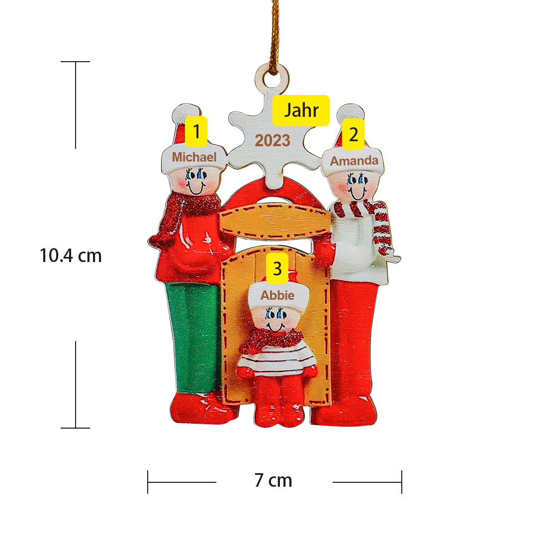 Holz Personalisierte 3 Namen & Text Familie vor der Tür Weihnachtsornament mit 3 Familienmitgliedern 