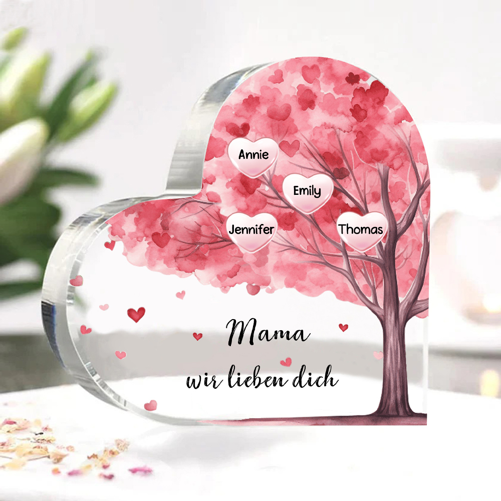 Personalisierte 4 Namen & Text Rosa Familienbaum Familie Acryl-Deko Schreibtischdekoration für Mutter
