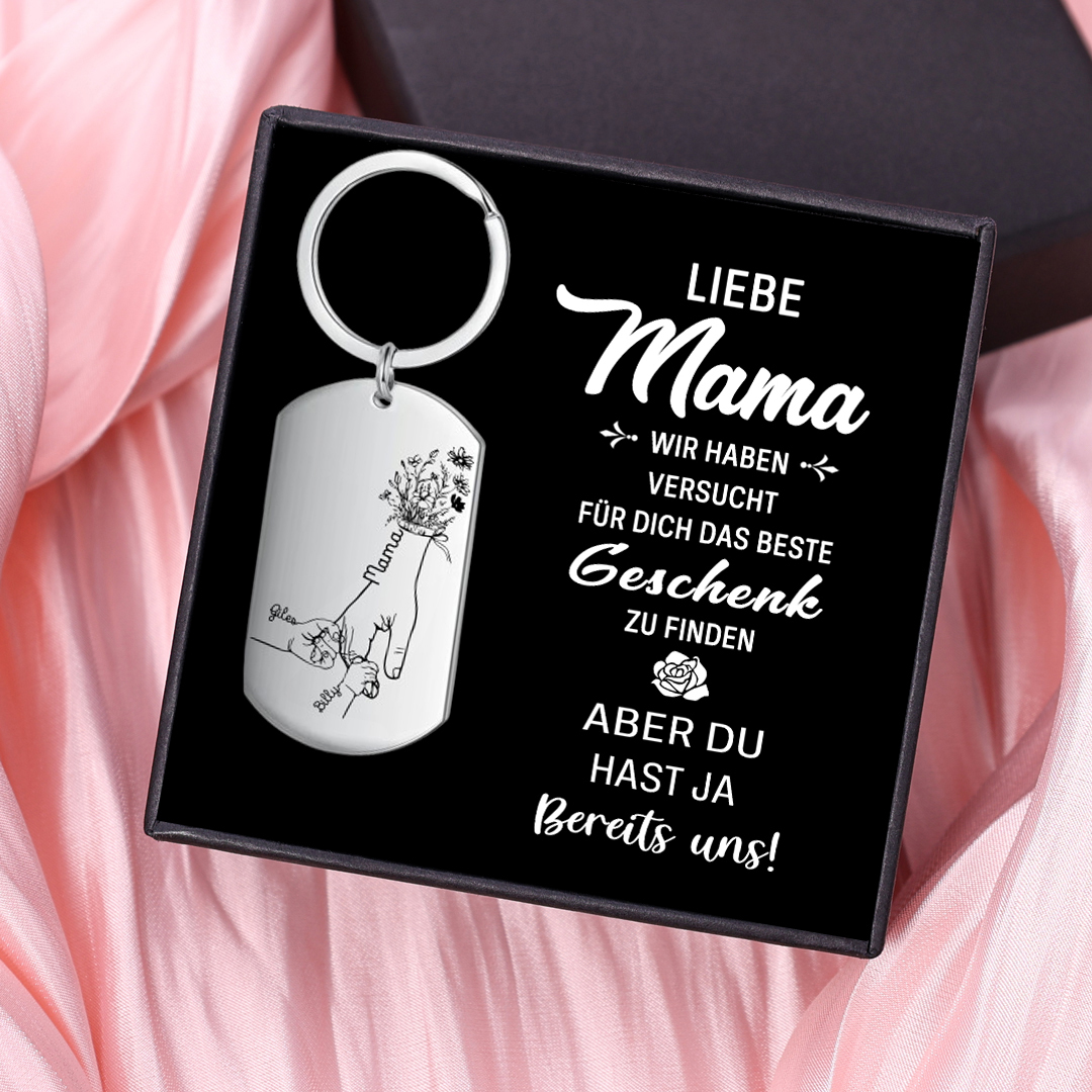 Personalisierbare 3 Namen Blume Hand Familie Schlüsselanhänger-Liebe Mama du hast ja bereits uns-Geschenk mit Nachrichtenkarte