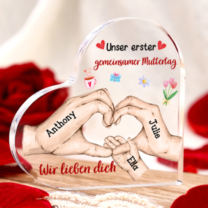 Personalisierter Text & 3 Namen Familie Herz Acryl-Deko-Unser erster gemeinsamer Muttertag-Schreibtischdekoration für Mutter