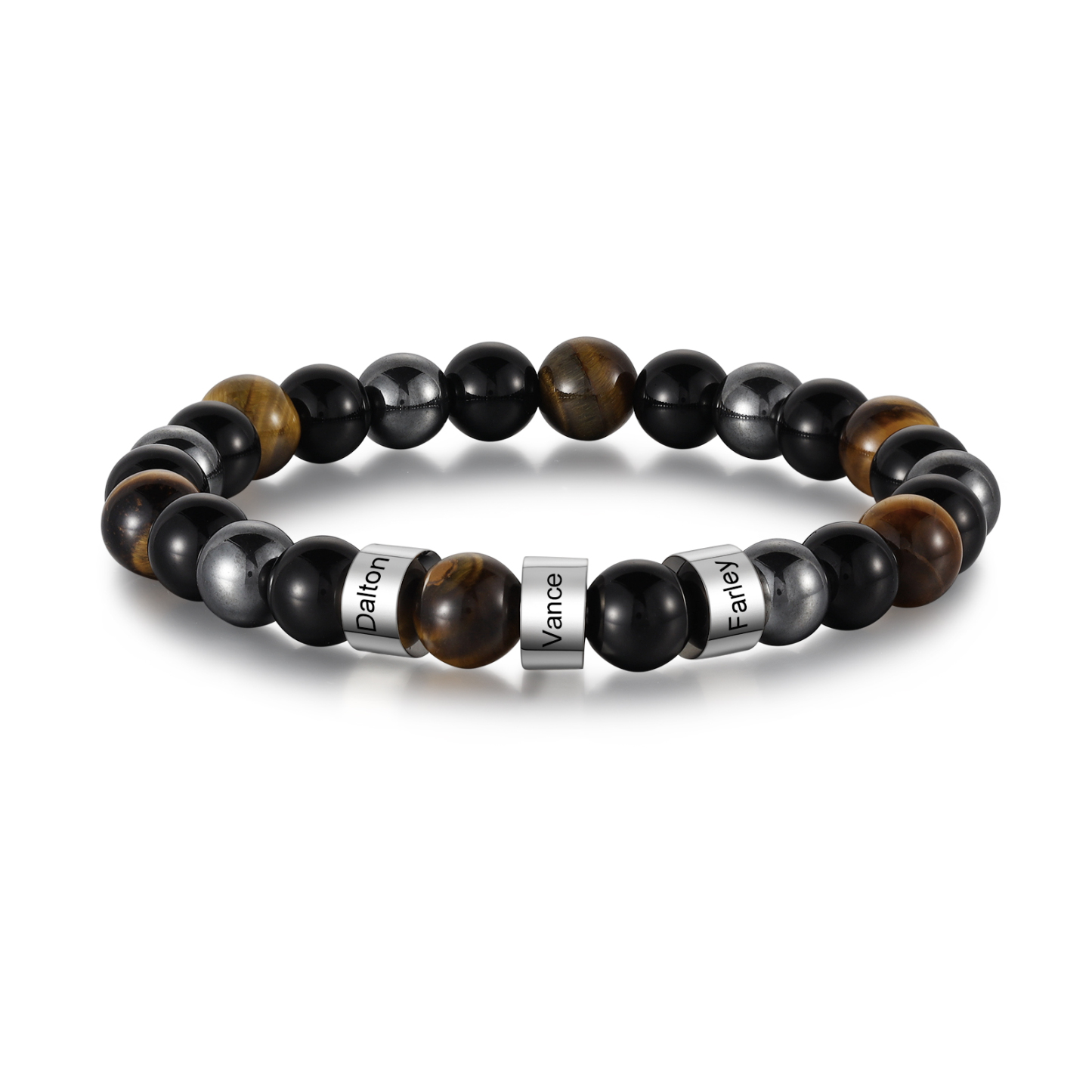 Herren Schmuck-Personalisierte 3 Namen Edelstahl Perlen Armband mit Tigeraugestein & Obsidian