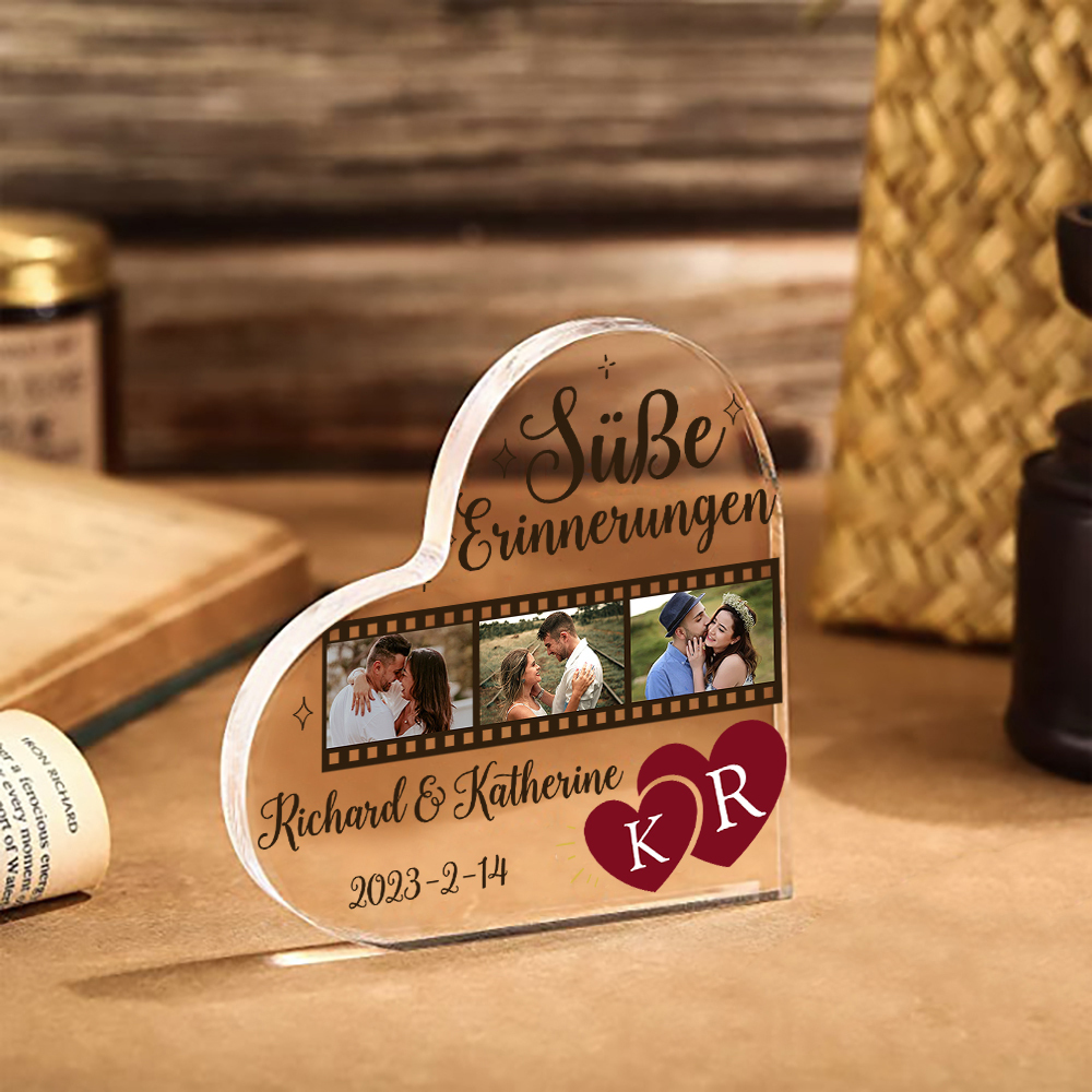 Personalisierte 3 Fotos & 2 Namen & 2 Buchstaben & Datum Acryl-Deko-Süße Erinnerungen-Schreibtischdekoration für Paar