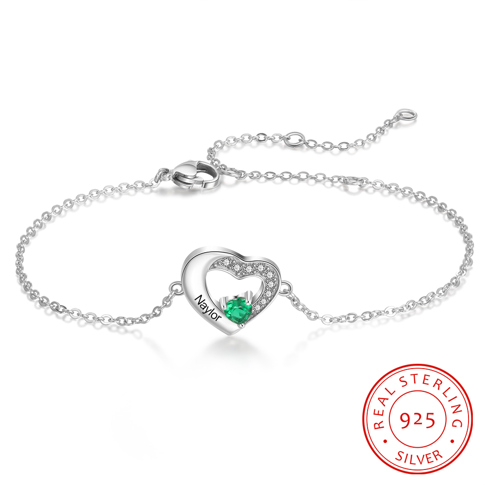 925 Sterling Silber Ein herzförmiges Armband mit 1 Name und 1 Geburtsstein