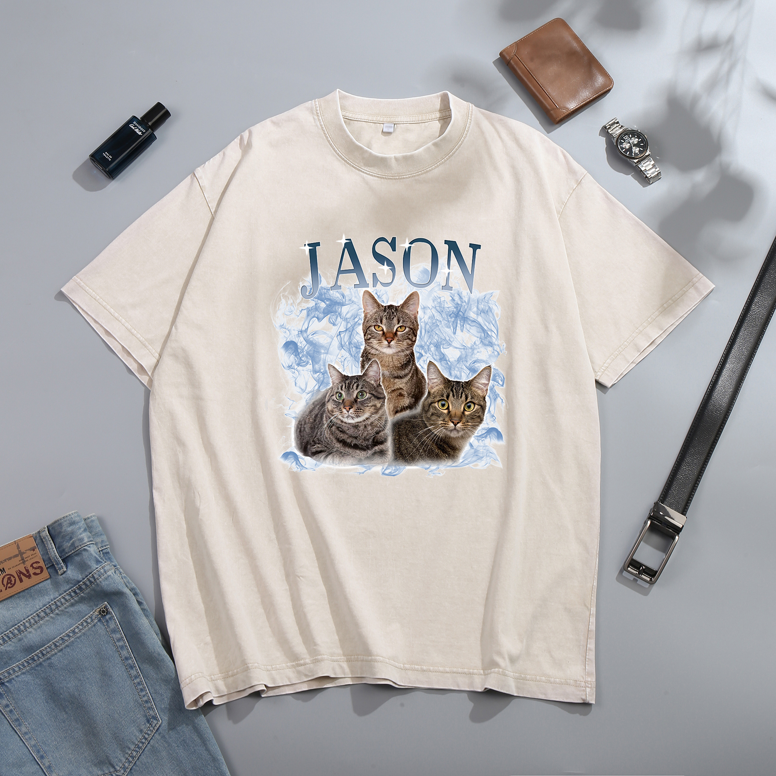 Personalisierte 3 Namen & 3 Fotos Haustier Herren Kurzarm T-Shirt