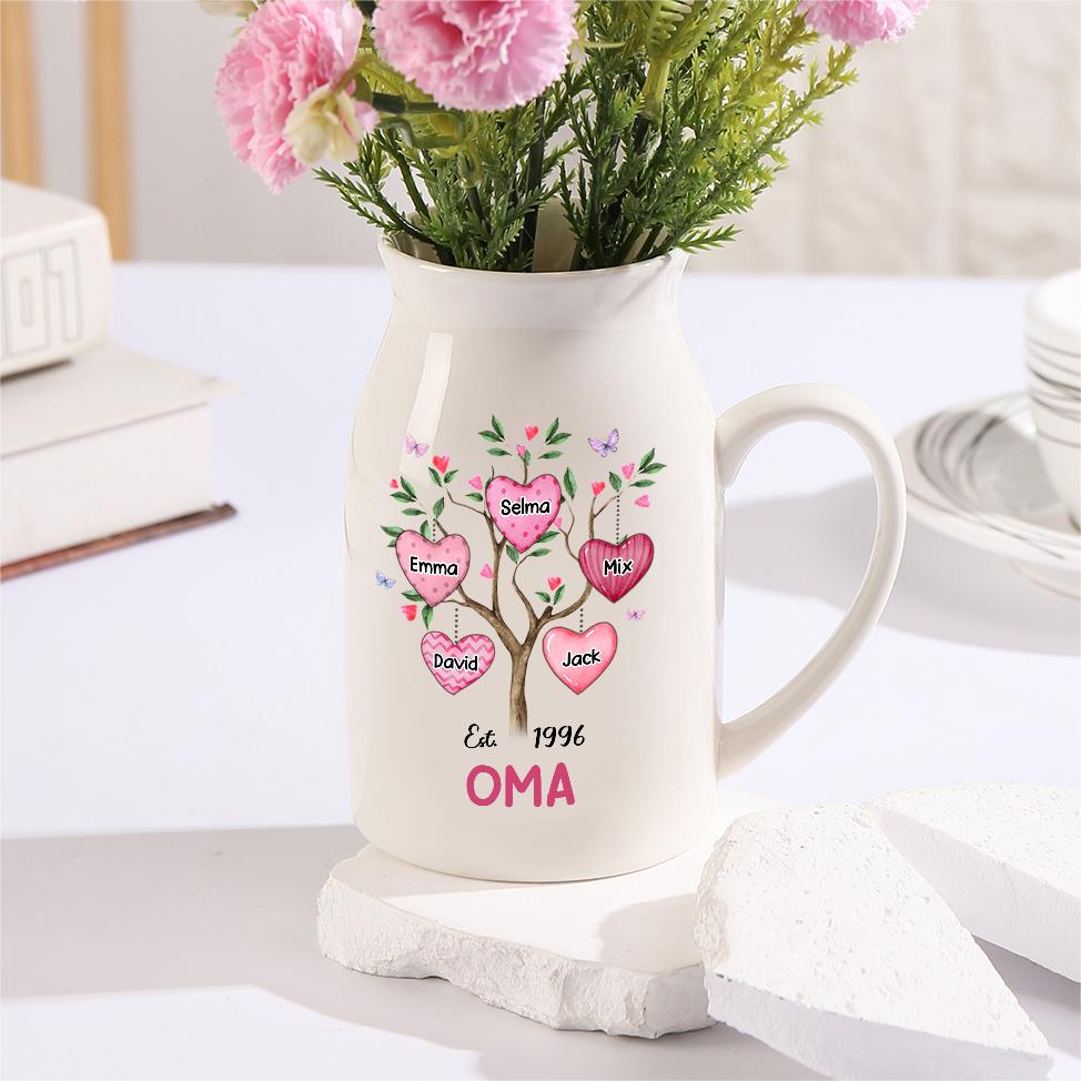 Personalisierte 5 Namen & Text & Datum Familienbaum Herzmuster Vase