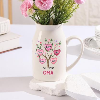 Personalisierte 5 Namen & Text & Datum Familienbaum Herzmuster Vase