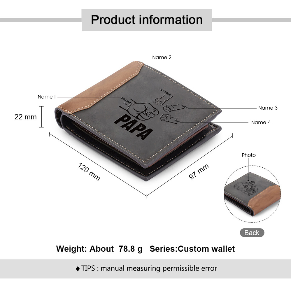 Herren Personalisiertes Foto & 4 Namen Papa Faust Grau Leder Geldbörse-Geschenk für Vater