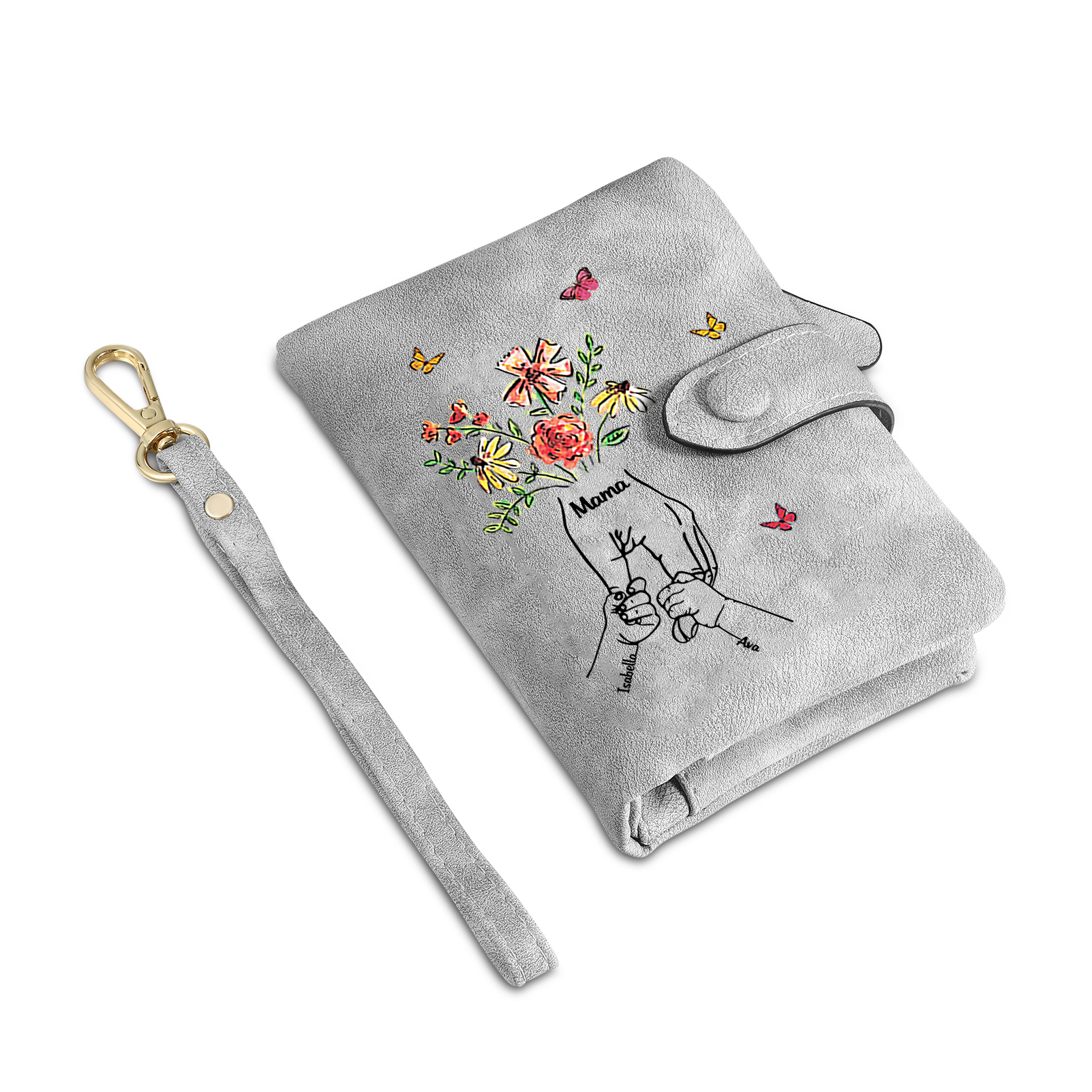 Personalisierte PU-Leder-Geldbörse mit Blumen und Hand-in-Hand-Motiv sowie 2–6 Namen – liebevolles Geschenk für Mama