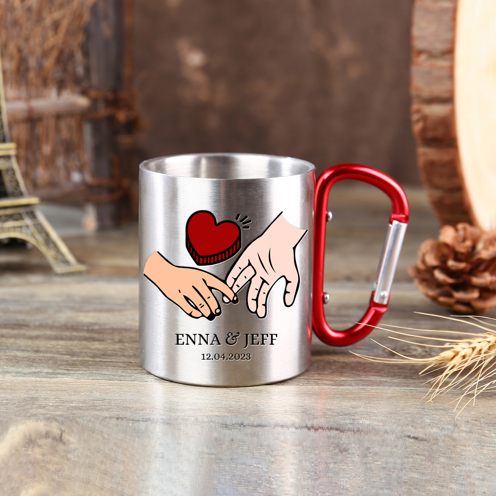 Edelstahl Tasse-Personalisierte 2 Namen & Datum Metall Becher-für Paare