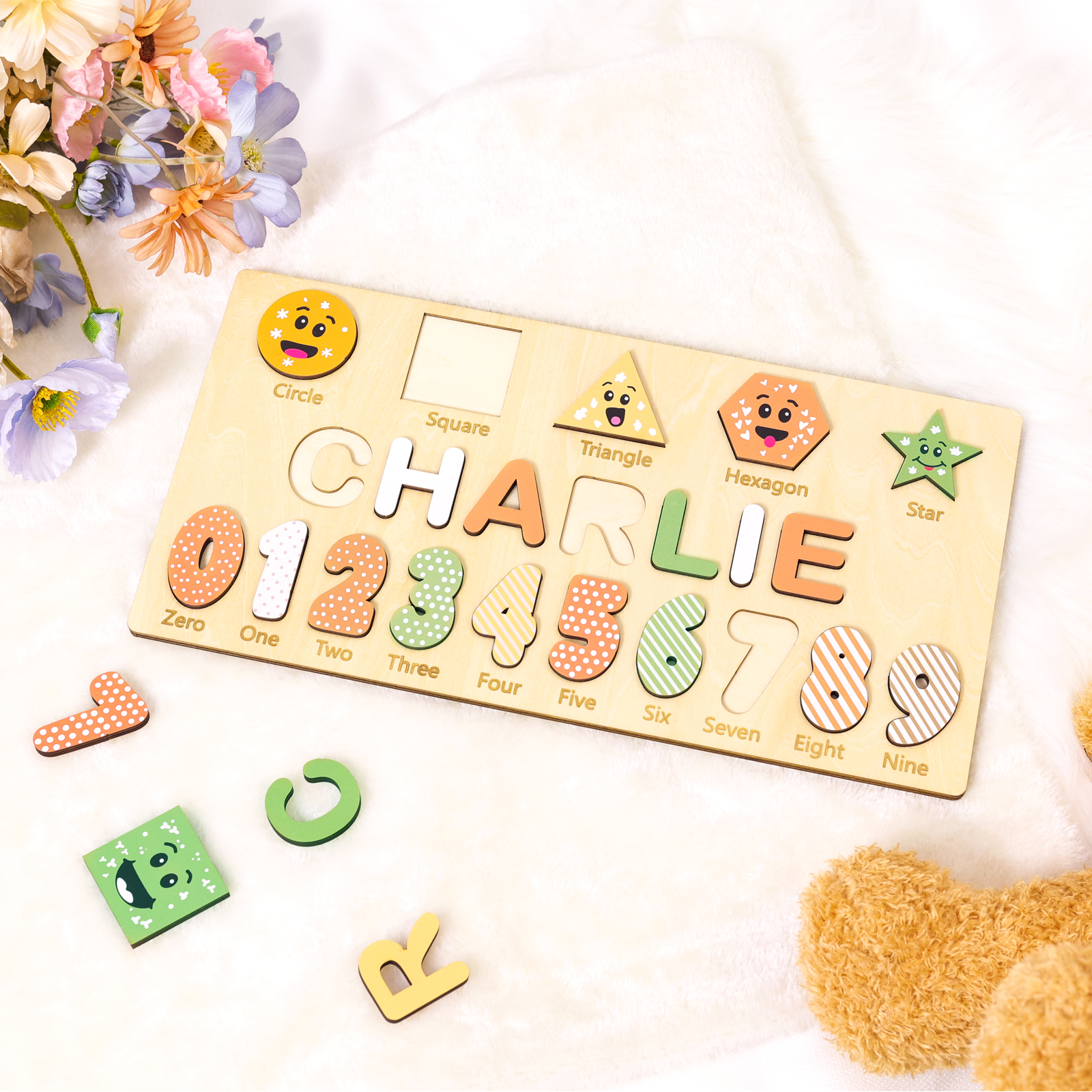 Personalisiertes Name Ziffer & Geometrie Holz Puzzle Geschenk für Vorschulkinder