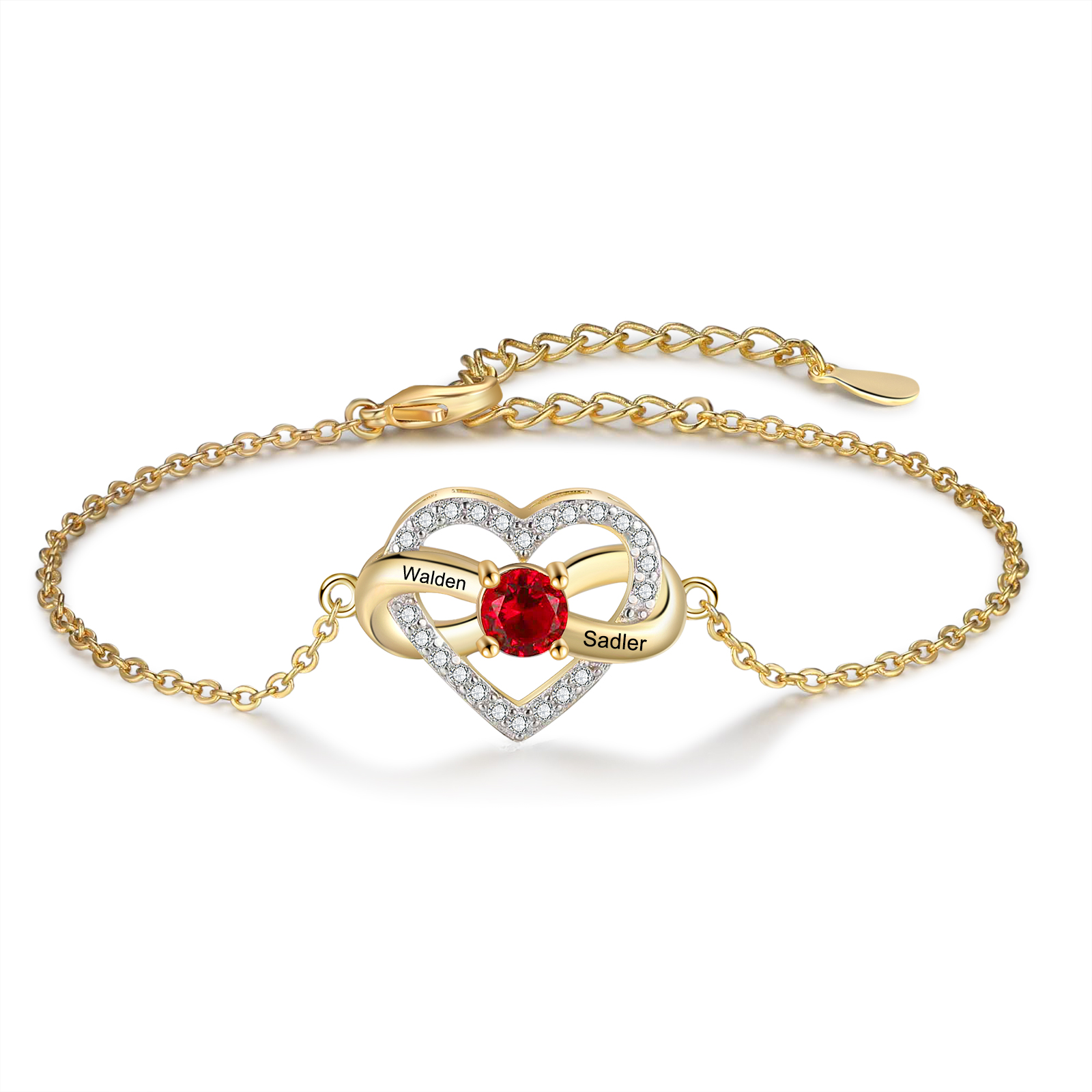Personalisierte 2 Namen & 1 Geburtsstein Infinity Herz Armband mit Zirkonia