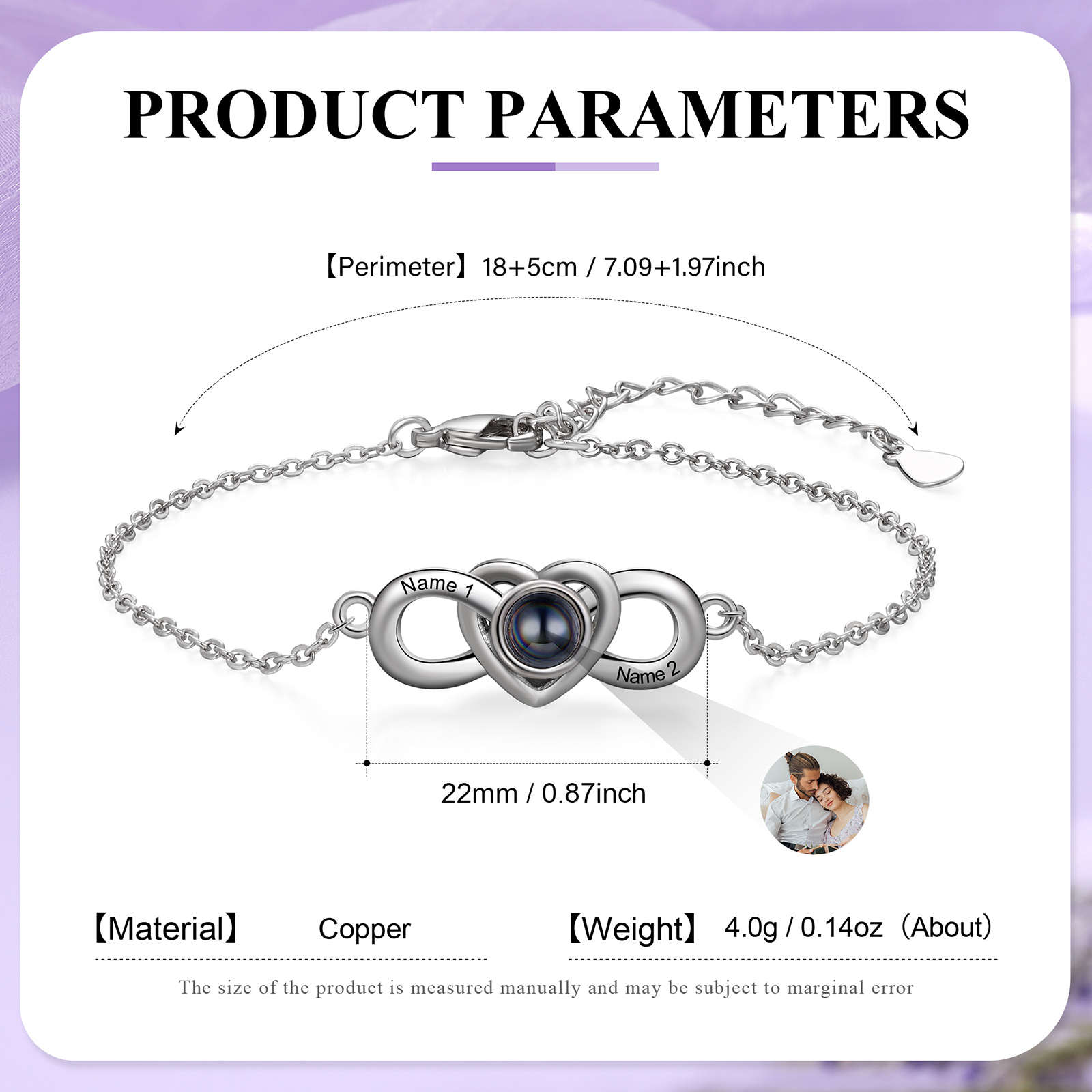 Personalisiertes Foto & 2 Namen Projektion Infinity Herz Armband
