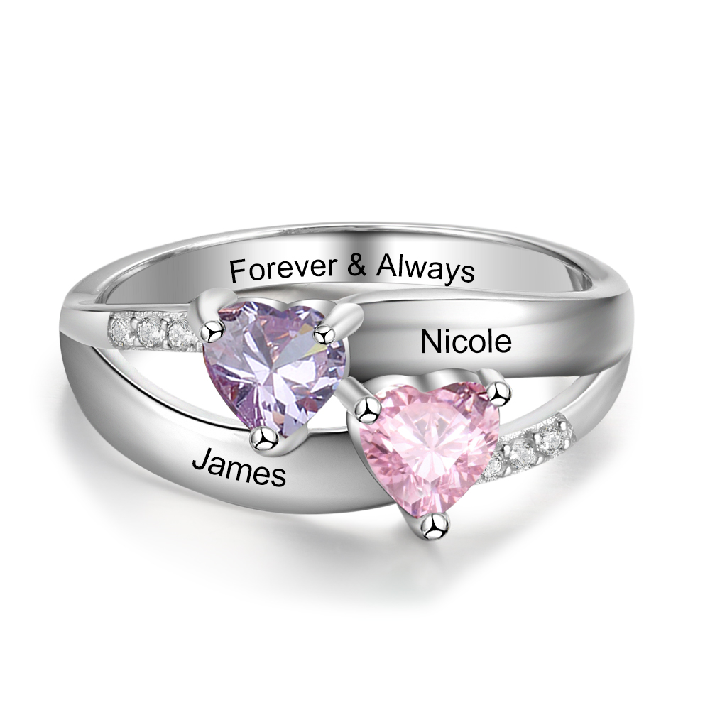 925 Sterling Silber Ring mit 2 Namen und 2 Geburtssteinen mit Gravuren