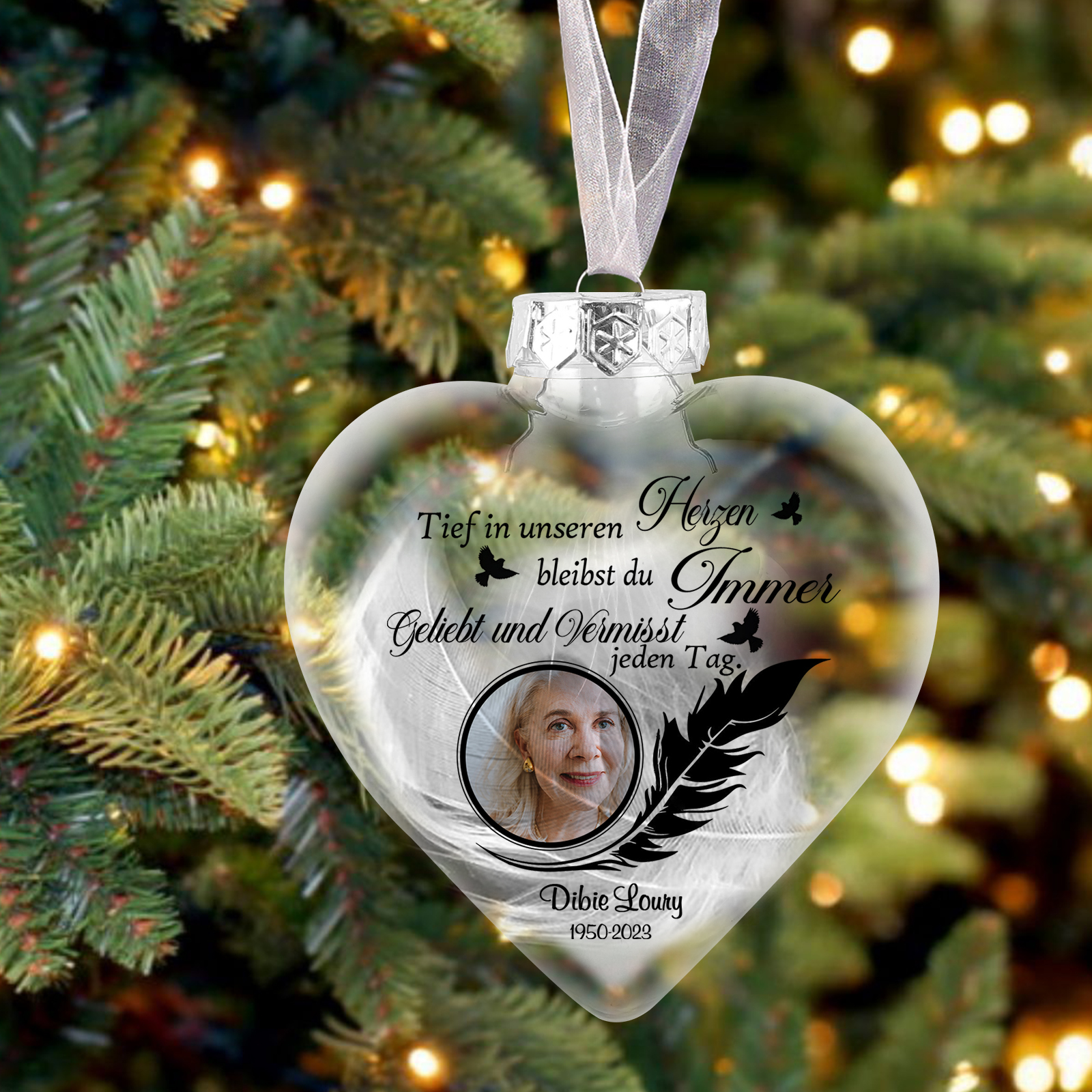Personalisierbare 2 Texte & Foto Andenken Weihnachtsornament-Du bleibst immer geliebt und vermisst jeden Tag tief in unseren Herzen-Herz Weihnachtskugeln mit der Feder Weihnachtsgeschenk