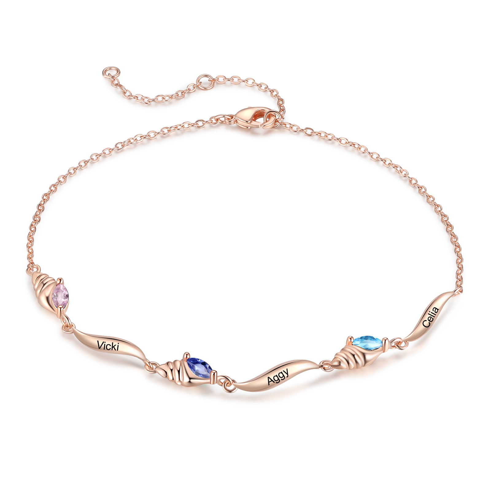 Personalisierte 3 Namen Einsiedlerkrebs Armband mit 3 Geburtssteinen