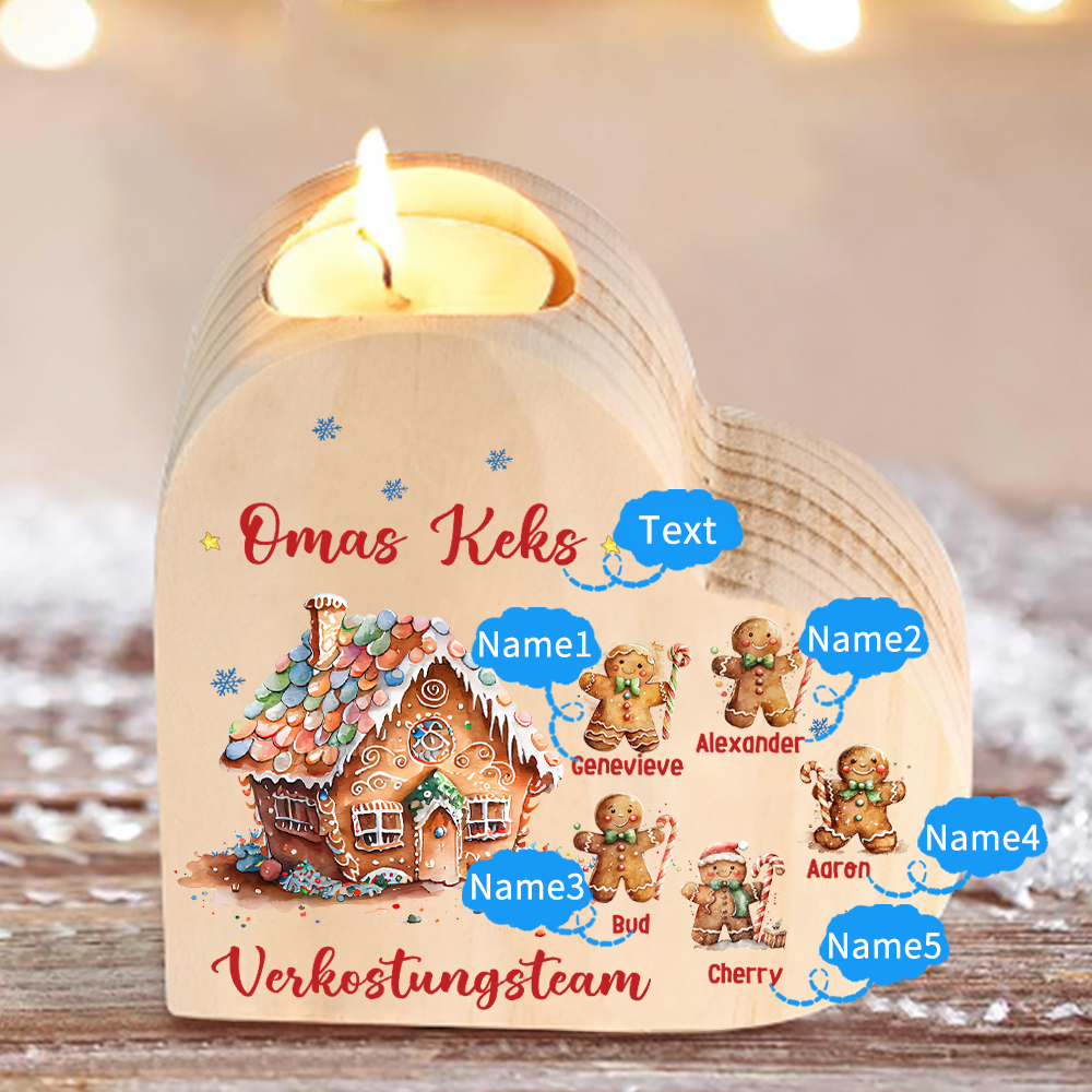 Personalisierter Text & 5 Namen Lebkuchenmann Verkostungsteam Familie Herzform Weihnachten Kerzenhalter