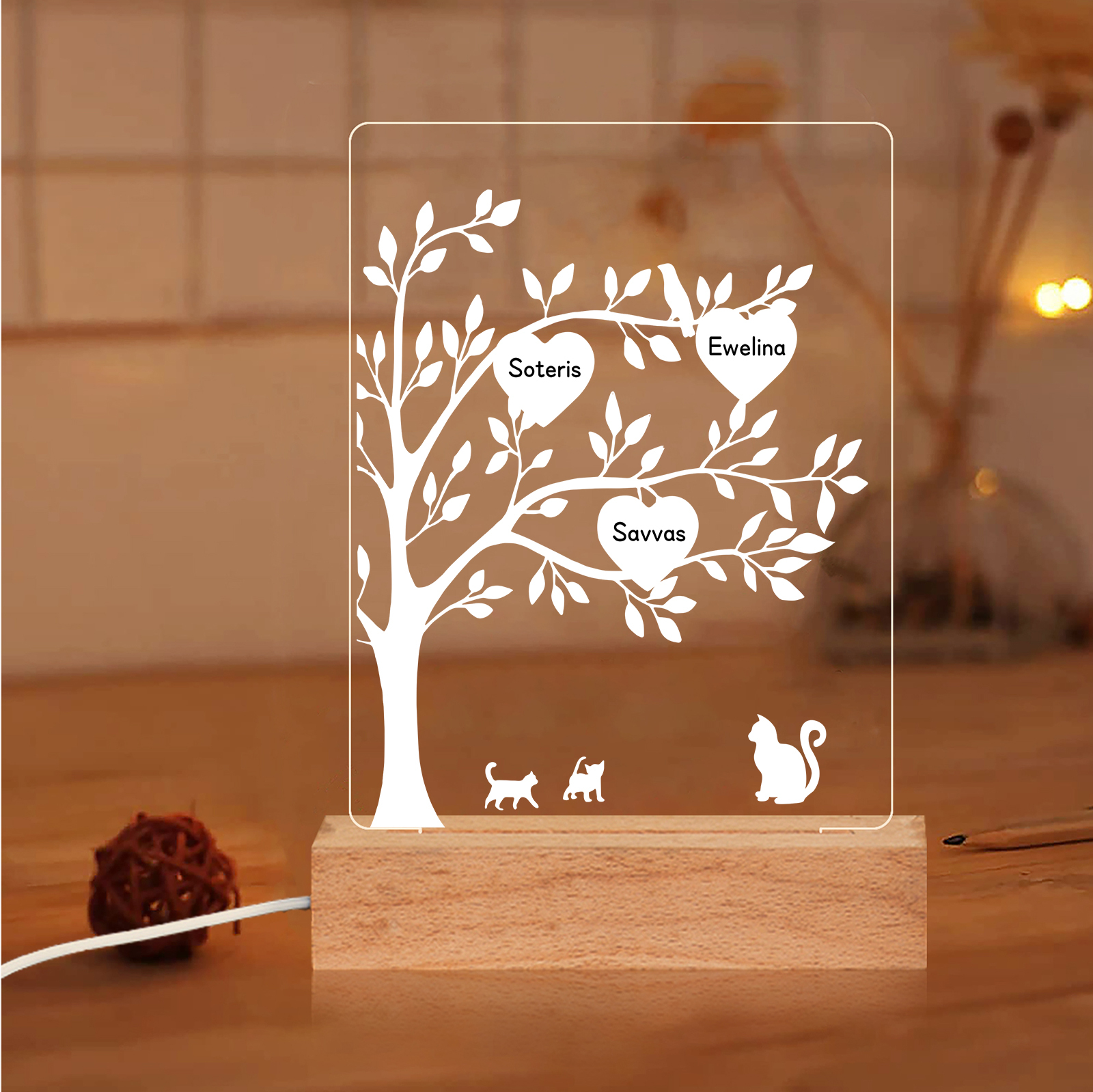 Personalisierte 3 Namen Familienbaum & Katze Nachtlicht Geschenk für Großmutter/Mutter zum Muttertag