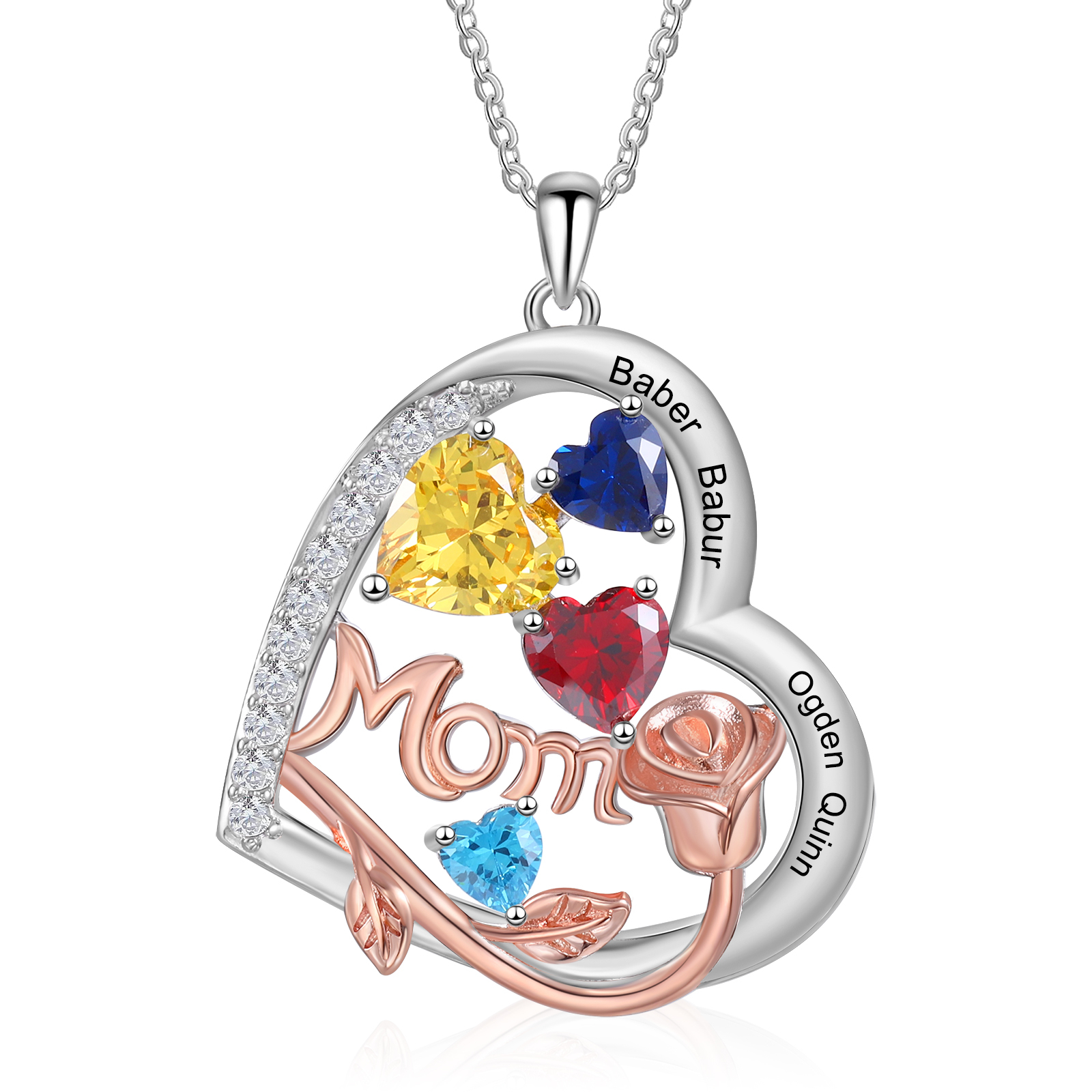 Personalisierte 4 Namen Herz Rose Gravur "MOM" Halskette mit 4 Geburtssteinen