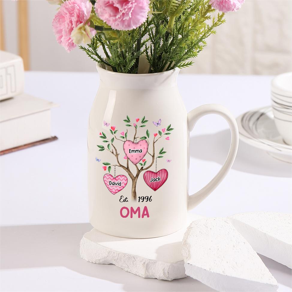 Personalisierte 3 Namen & Text & Datum Familienbaum Herzmuster Vase