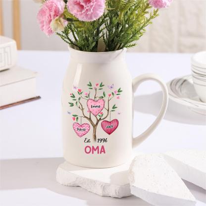 Personalisierte 3 Namen & Text & Datum Familienbaum Herzmuster Vase