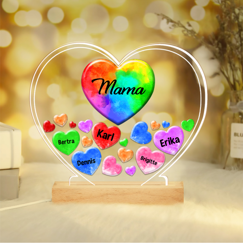 Personalisierte 1-14 Namen & Text Bunt Herz Nachtlicht Geschenk für Großmutter/Mutter zum Muttertag