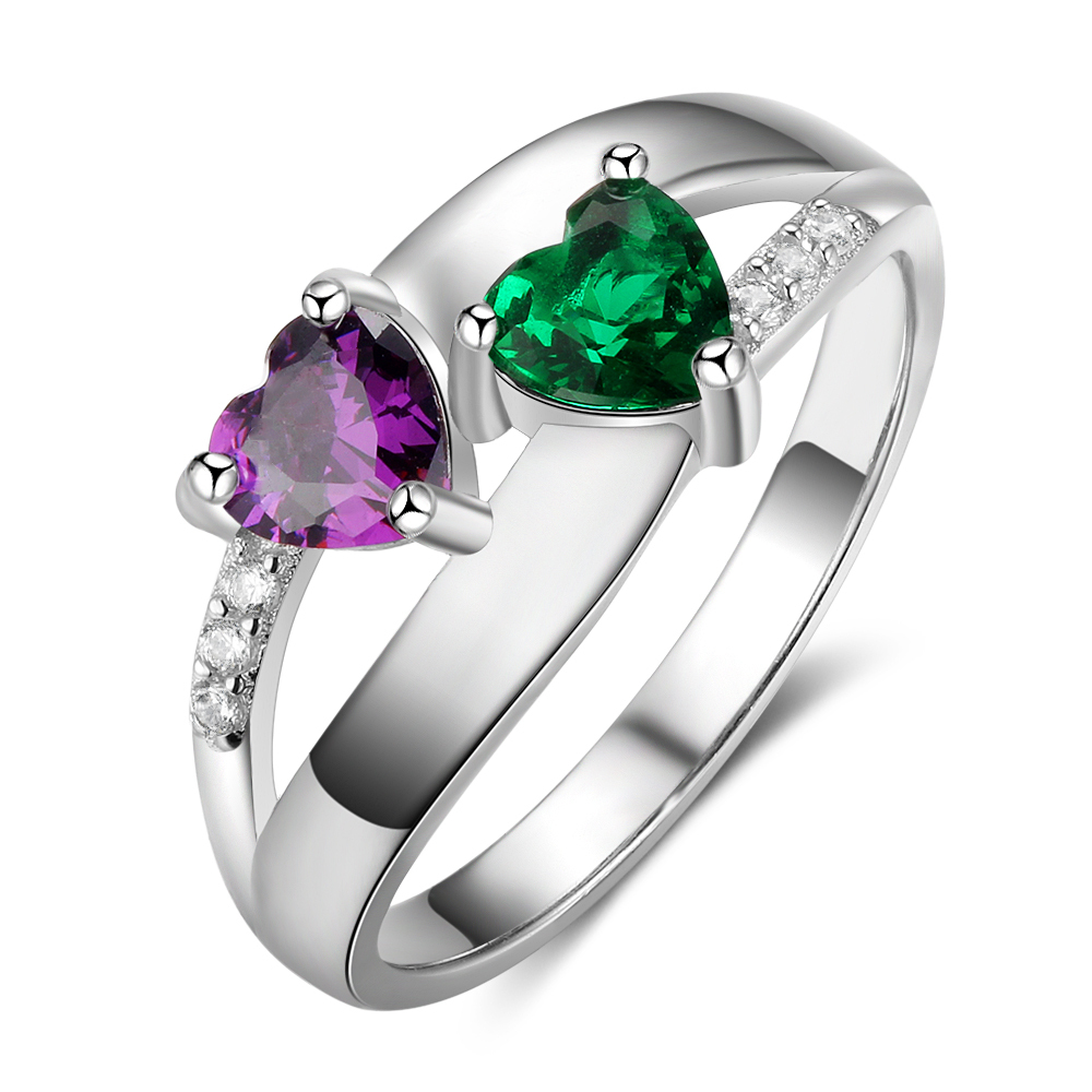925 Sterling Silber Ring mit 2 Namen und 2 Geburtssteinen mit Gravuren